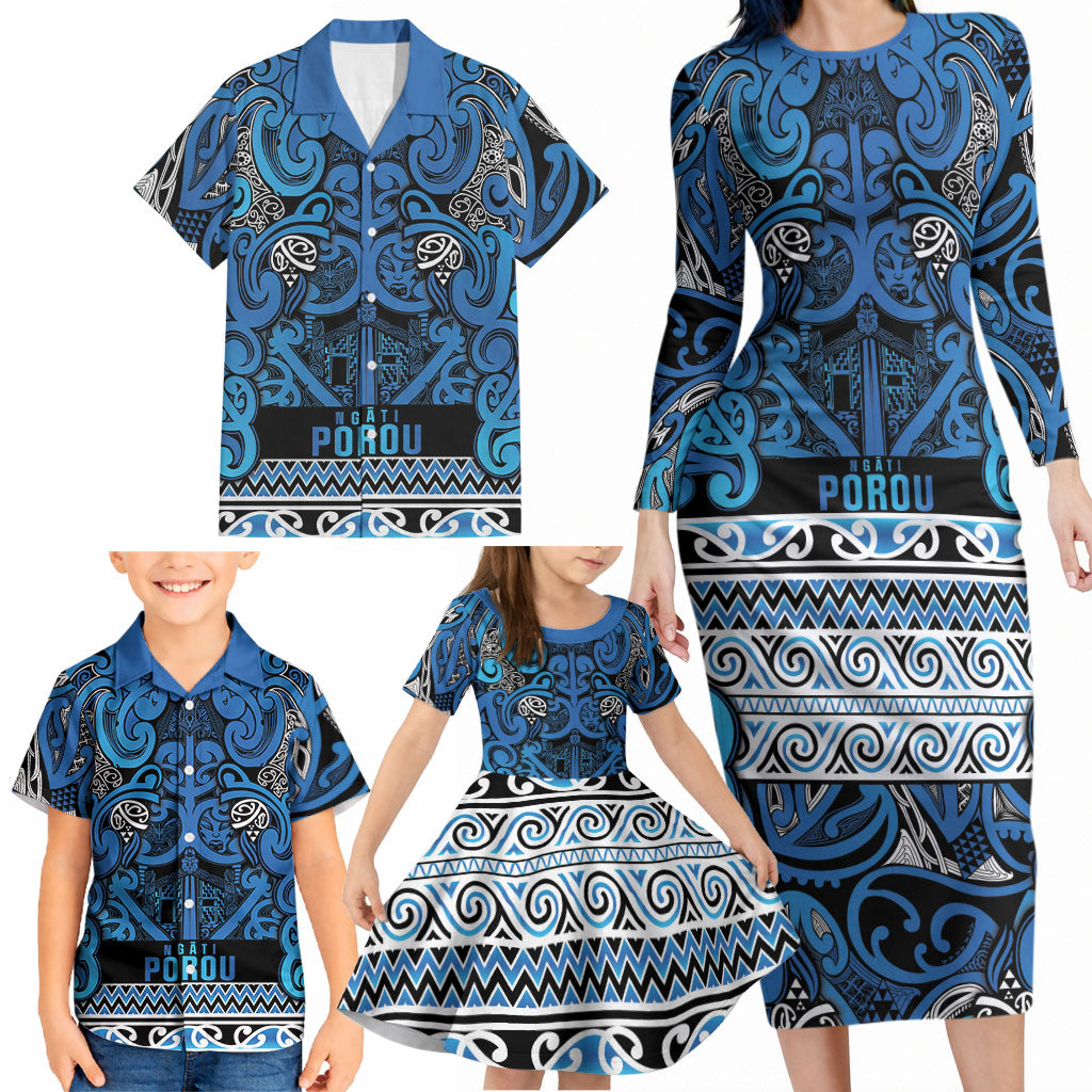 Aotearoa Iwi Ngati Porou Family Matching Long Sleeve Bodycon Dress and Hawaiian Shirt Maori Wharenui House Tribal Pattern LT9 - Polynesian Pride