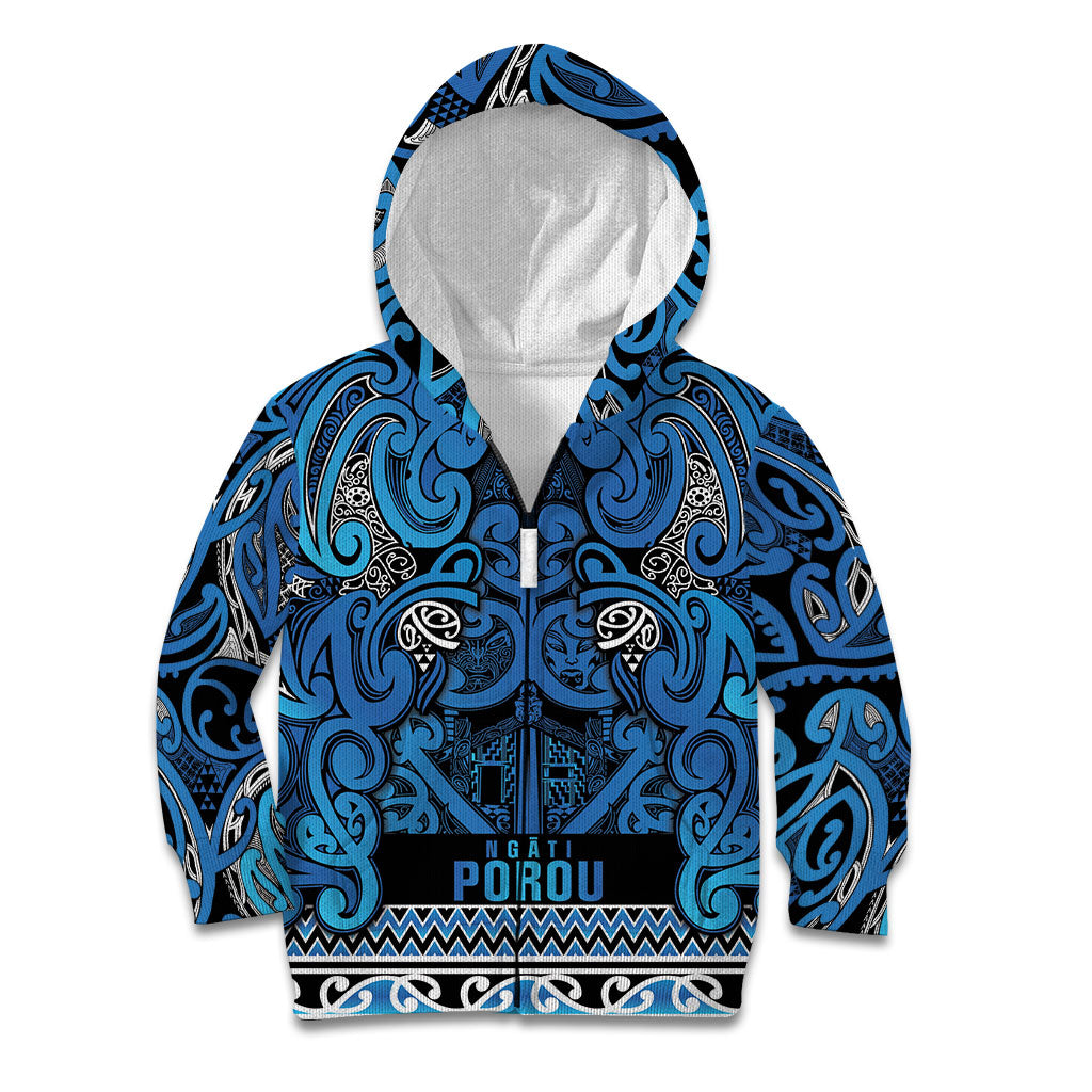 Aotearoa Iwi Ngati Porou Kid Hoodie Maori Wharenui House Tribal Pattern LT9 Zip Hoodie Blue - Polynesian Pride