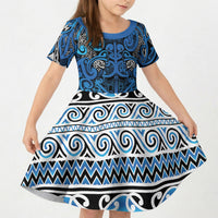 Aotearoa Iwi Ngati Porou Kid Short Sleeve Dress Maori Wharenui House Tribal Pattern LT9 KID Blue - Polynesian Pride