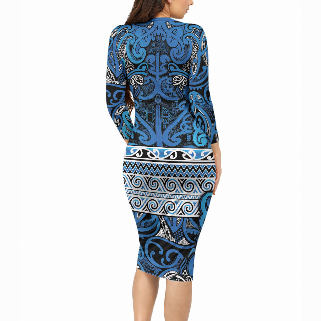 Aotearoa Iwi Ngati Porou Long Sleeve Bodycon Dress Maori Wharenui House Tribal Pattern LT9 - Polynesian Pride