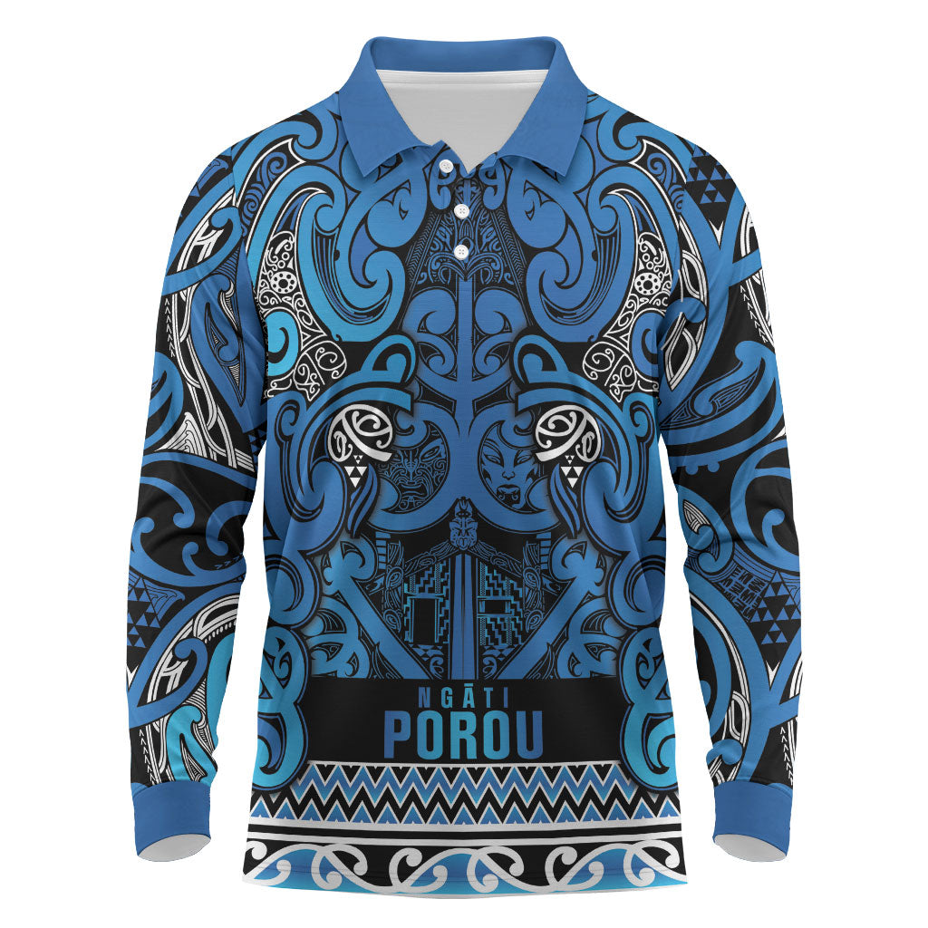 Aotearoa Iwi Ngati Porou Long Sleeve Polo Shirt Maori Wharenui House Tribal Pattern LT9 Blue - Polynesian Pride