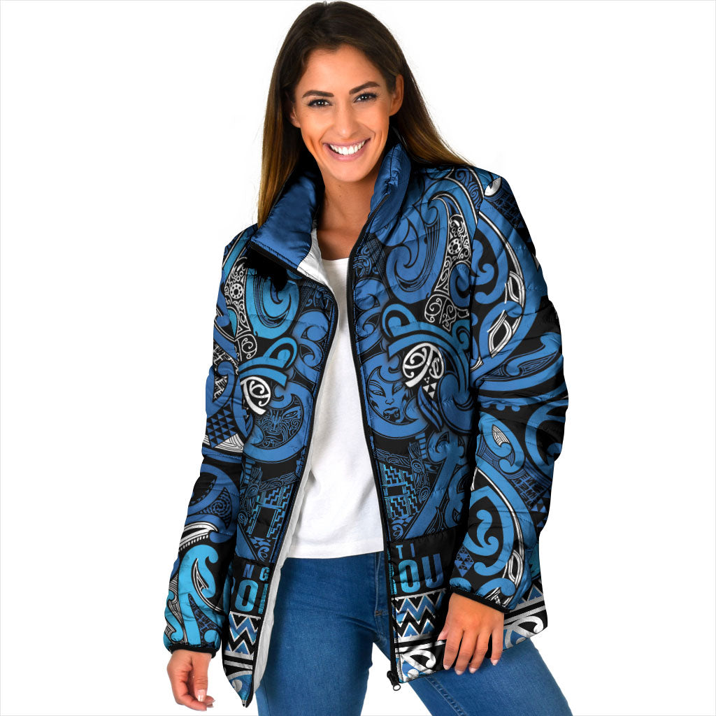 Aotearoa Iwi Ngati Porou Padded Jacket Maori Wharenui House Tribal Pattern LT9 Women Blue - Polynesian Pride