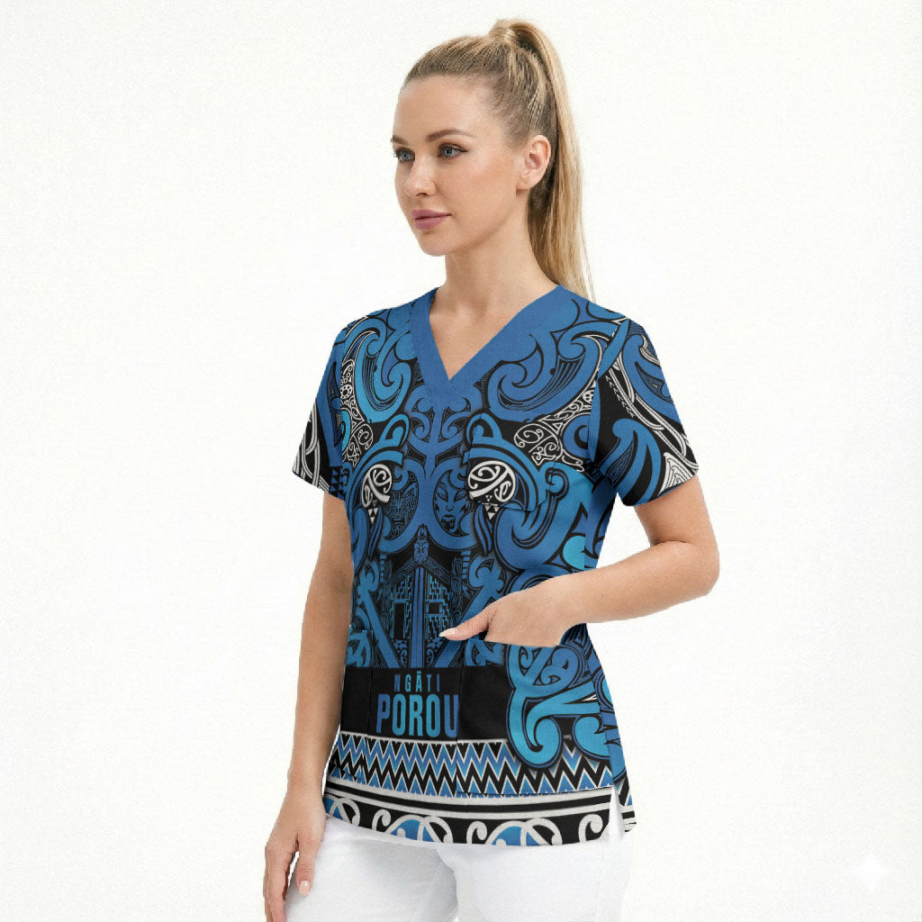 Aotearoa Iwi Ngati Porou Scrub Top Maori Wharenui House Tribal Pattern LT9 - Polynesian Pride