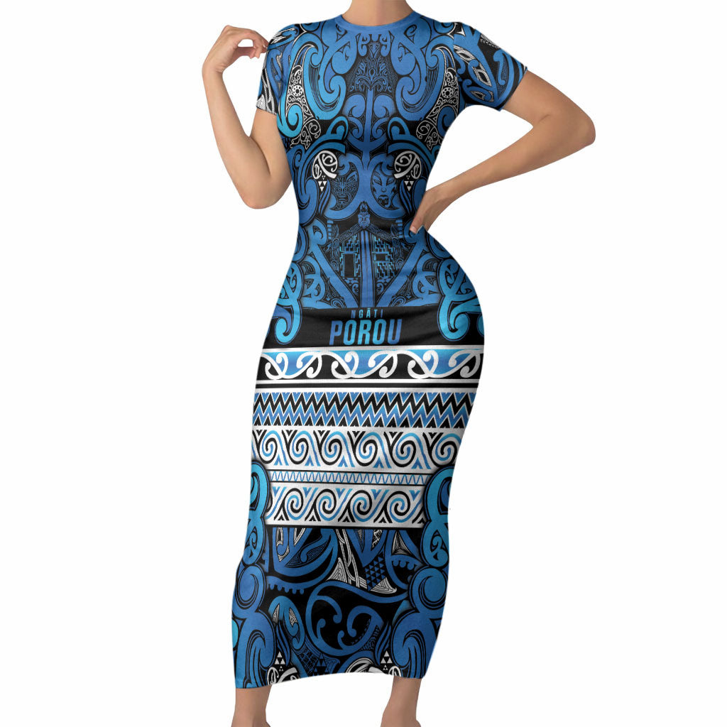 Aotearoa Iwi Ngati Porou Short Sleeve Bodycon Dress Maori Wharenui House Tribal Pattern LT9 Long Dress Blue - Polynesian Pride