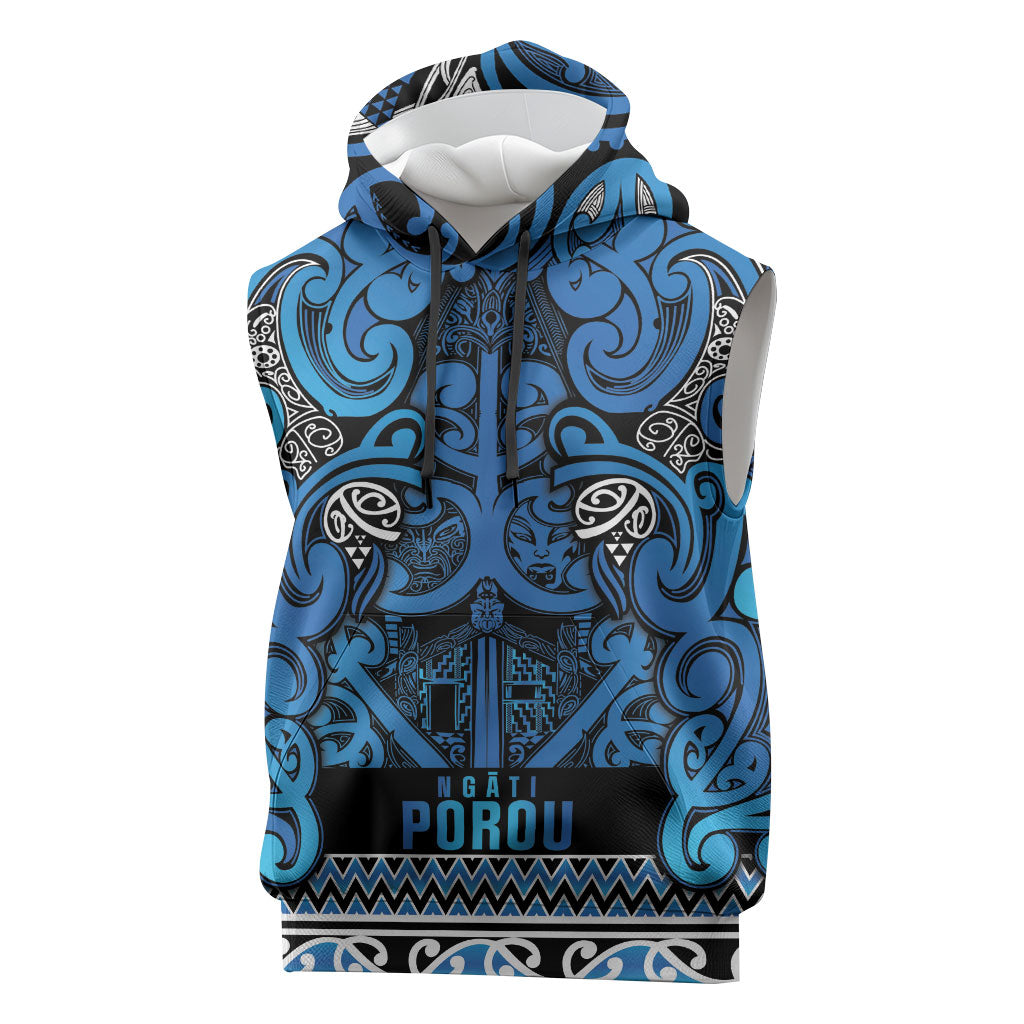 Aotearoa Iwi Ngati Porou Sleeveless Hoodie Maori Wharenui House Tribal Pattern LT9 Blue - Polynesian Pride