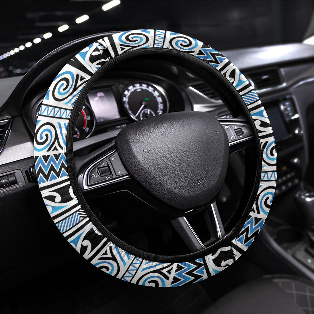 Aotearoa Iwi Ngati Porou Steering Wheel Cover Maori Wharenui House Tribal Pattern LT9 Universal Fit Blue - Polynesian Pride
