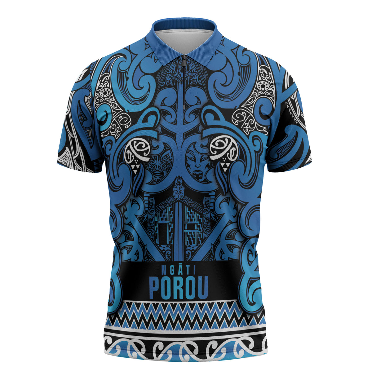 Aotearoa Iwi Ngati Porou Zipper Polo Shirt Maori Wharenui House Tribal Pattern LT9 Blue - Polynesian Pride