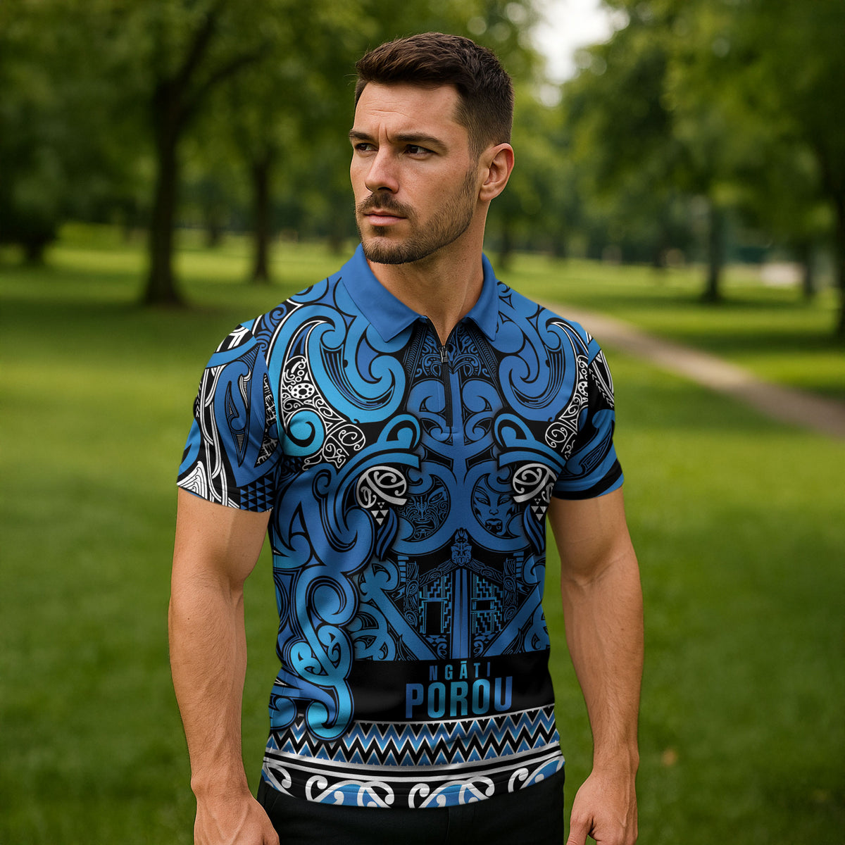 Aotearoa Iwi Ngati Porou Zipper Polo Shirt Maori Wharenui House Tribal Pattern LT9 - Polynesian Pride