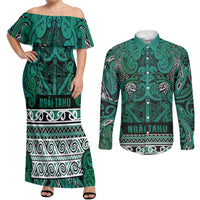 Aotearoa Iwi Ngai Tahu Couples Matching Off Shoulder Maxi Dress and Long Sleeve Button Shirt Maori Wharenui House Tribal Pattern LT9 Turquoise - Polynesian Pride