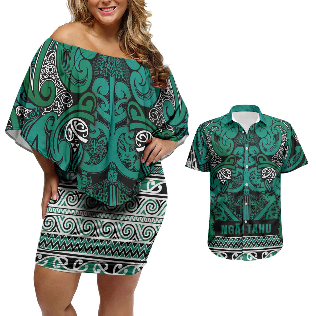 Aotearoa Iwi Ngai Tahu Couples Matching Off Shoulder Short Dress and Hawaiian Shirt Maori Wharenui House Tribal Pattern LT9 Turquoise - Polynesian Pride