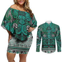 Aotearoa Iwi Ngai Tahu Couples Matching Off Shoulder Short Dress and Long Sleeve Button Shirt Maori Wharenui House Tribal Pattern LT9 Turquoise - Polynesian Pride