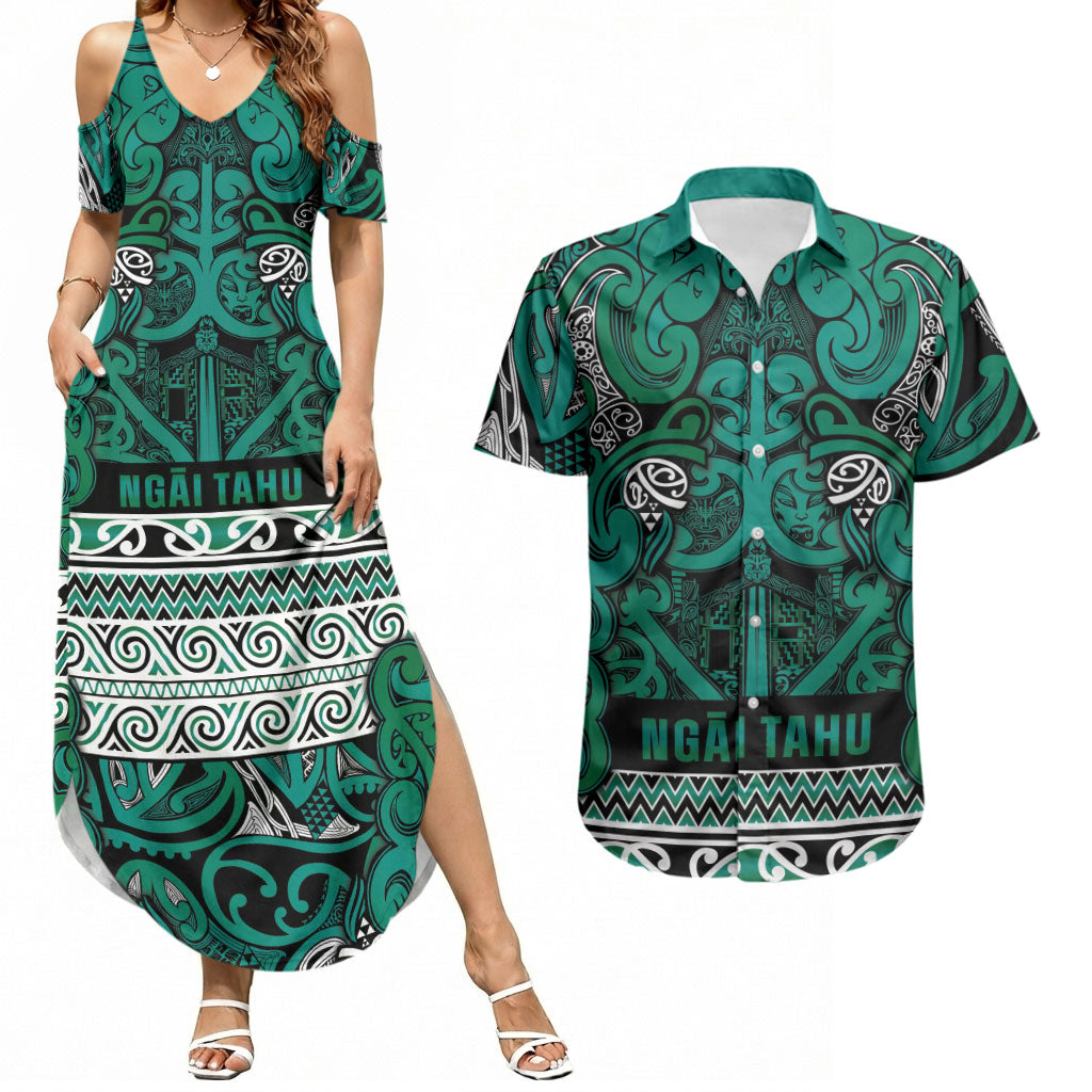 Aotearoa Iwi Ngai Tahu Couples Matching Summer Maxi Dress and Hawaiian Shirt Maori Wharenui House Tribal Pattern LT9 Turquoise - Polynesian Pride