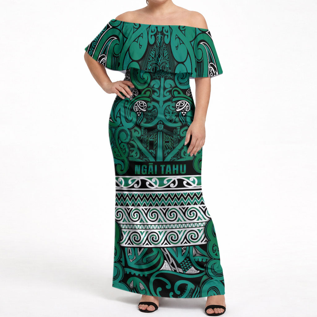 Aotearoa Iwi Ngai Tahu Off Shoulder Maxi Dress Maori Wharenui House Tribal Pattern LT9 Women Turquoise - Polynesian Pride