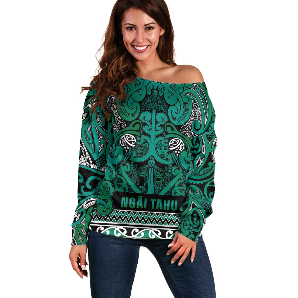 Aotearoa Iwi Ngai Tahu Off Shoulder Sweater Maori Wharenui House Tribal Pattern LT9 Women Turquoise - Polynesian Pride