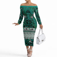 Aotearoa Iwi Ngai Tahu Off The Shoulder Long Sleeve Dress Maori Wharenui House Tribal Pattern LT9 Women Turquoise - Polynesian Pride