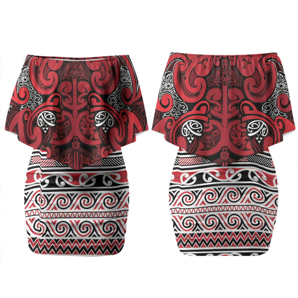 Aotearoa Iwi Ngati Kahungunu Couples Matching Off Shoulder Short Dress and Long Sleeve Button Shirt Maori Wharenui House Tribal Pattern LT9 - Polynesian Pride