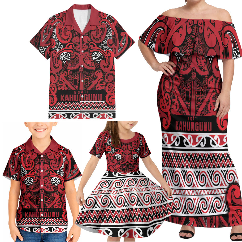 Aotearoa Iwi Ngati Kahungunu Family Matching Off Shoulder Maxi Dress and Hawaiian Shirt Maori Wharenui House Tribal Pattern LT9 - Polynesian Pride