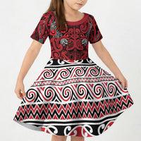 Aotearoa Iwi Ngati Kahungunu Kid Short Sleeve Dress Maori Wharenui House Tribal Pattern LT9 KID Dark red - Polynesian Pride