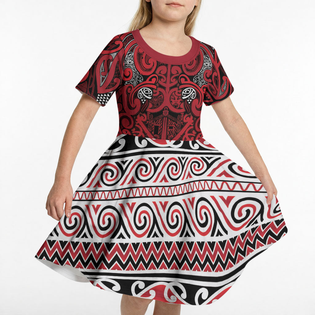 Aotearoa Iwi Ngati Kahungunu Kid Short Sleeve Dress Maori Wharenui House Tribal Pattern LT9 - Polynesian Pride