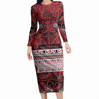 Aotearoa Iwi Ngati Kahungunu Long Sleeve Bodycon Dress Maori Wharenui House Tribal Pattern LT9 Long Dress Dark red - Polynesian Pride