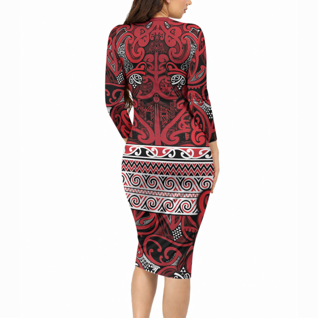 Aotearoa Iwi Ngati Kahungunu Long Sleeve Bodycon Dress Maori Wharenui House Tribal Pattern LT9 - Polynesian Pride