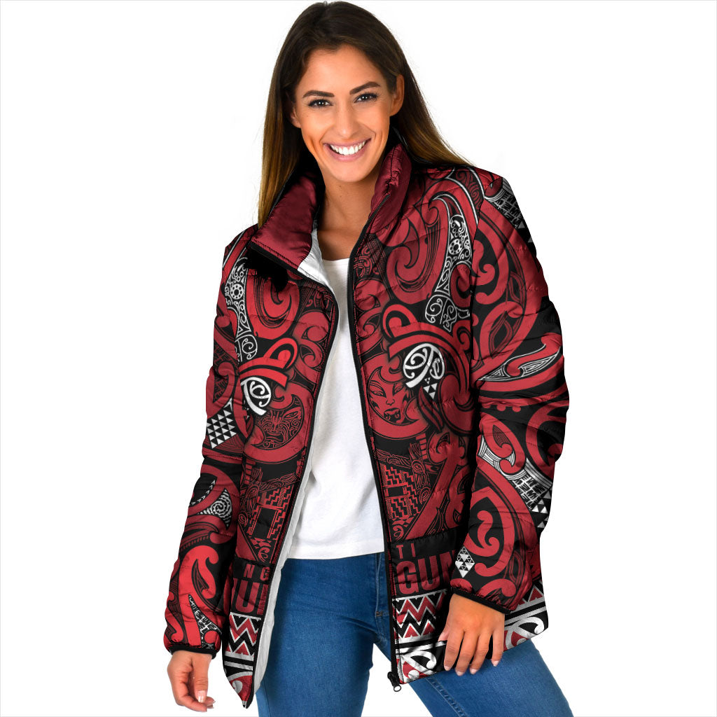 Aotearoa Iwi Ngati Kahungunu Padded Jacket Maori Wharenui House Tribal Pattern LT9 Women Dark red - Polynesian Pride