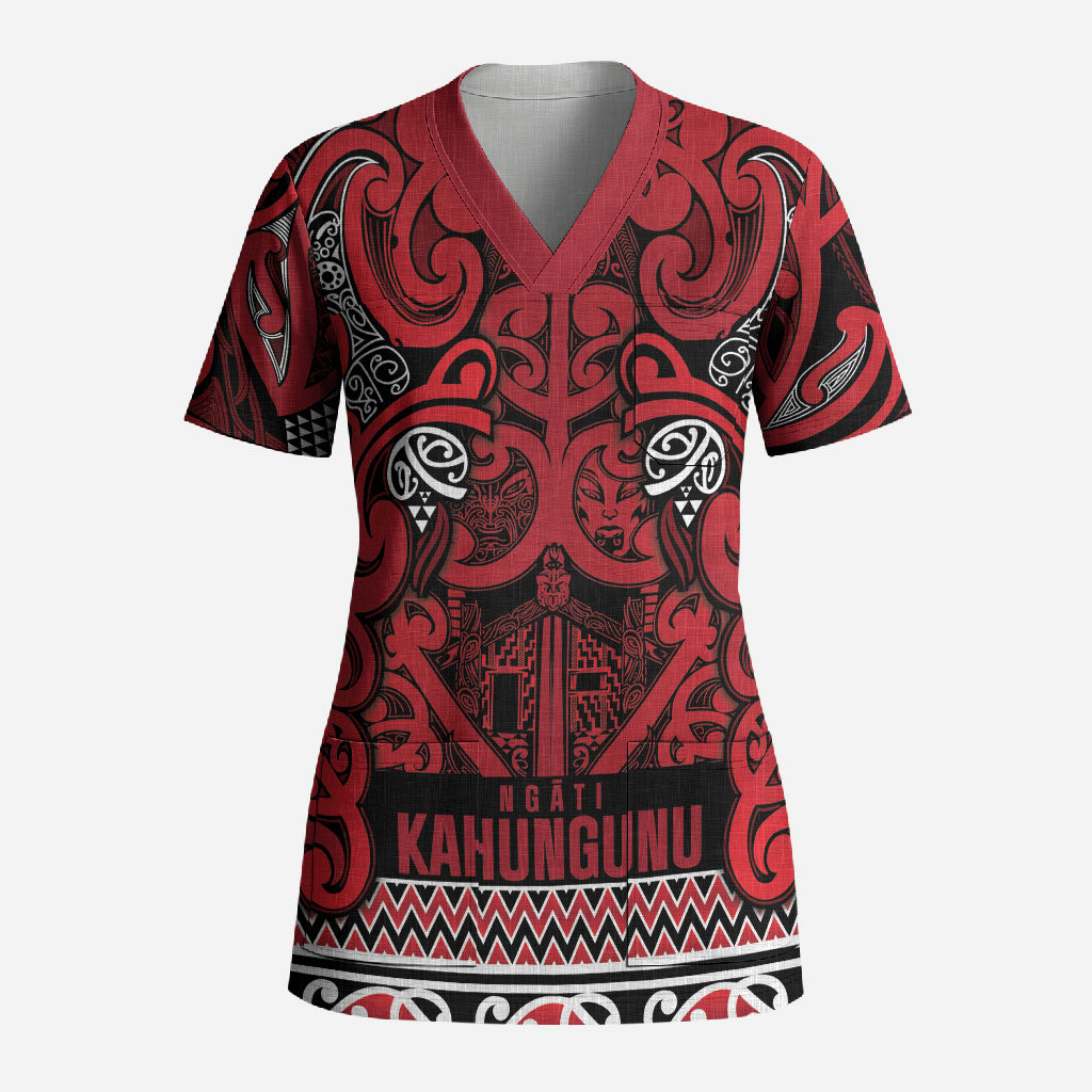 Aotearoa Iwi Ngati Kahungunu Scrub Top Maori Wharenui House Tribal Pattern LT9 Adult Dark red - Polynesian Pride