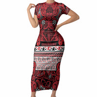 Aotearoa Iwi Ngati Kahungunu Short Sleeve Bodycon Dress Maori Wharenui House Tribal Pattern LT9 Long Dress Dark red - Polynesian Pride