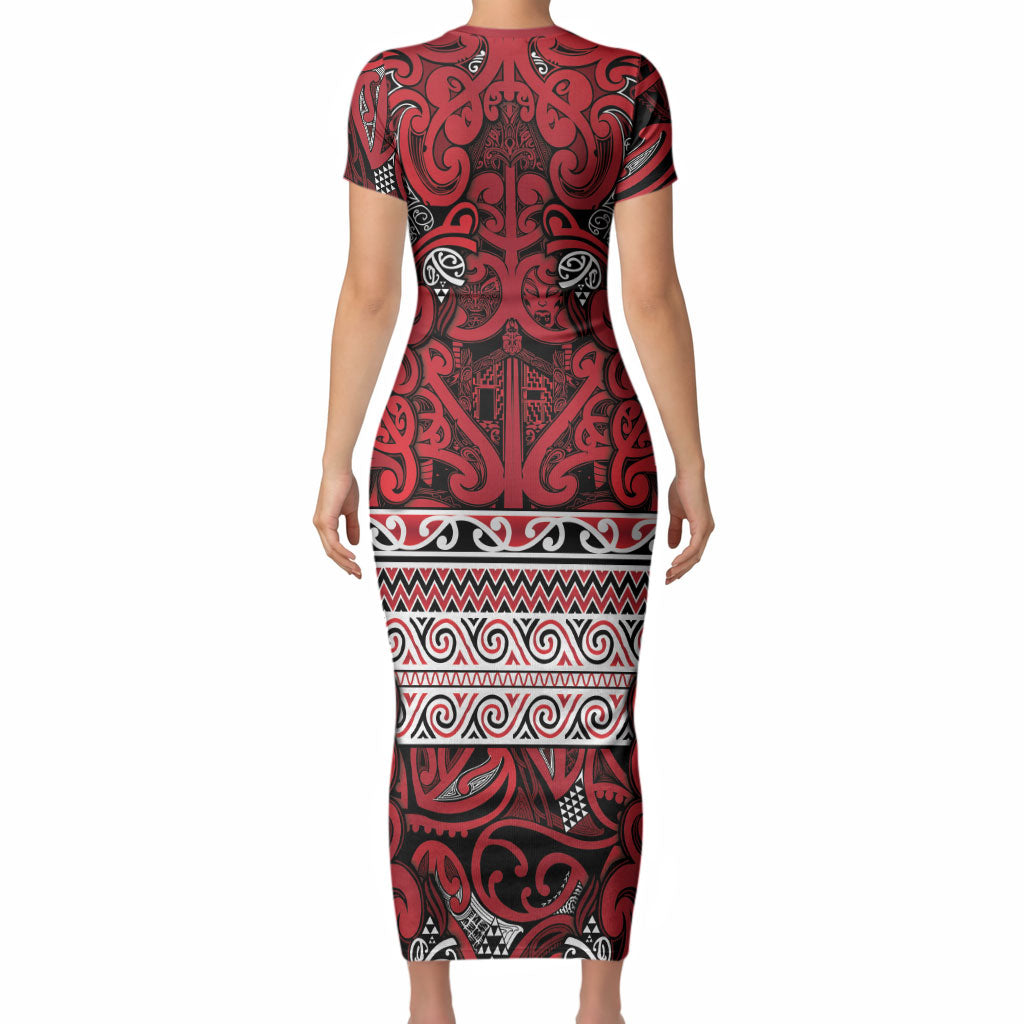 Aotearoa Iwi Ngati Kahungunu Short Sleeve Bodycon Dress Maori Wharenui House Tribal Pattern LT9 - Polynesian Pride