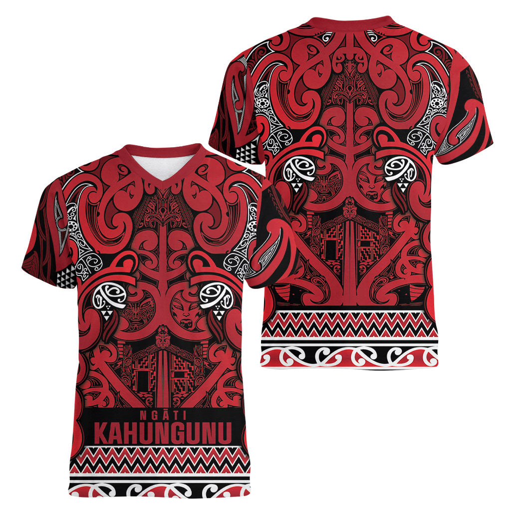 Aotearoa Iwi Ngati Kahungunu Women V-Neck T-Shirt Maori Wharenui House Tribal Pattern LT9 - Polynesian Pride