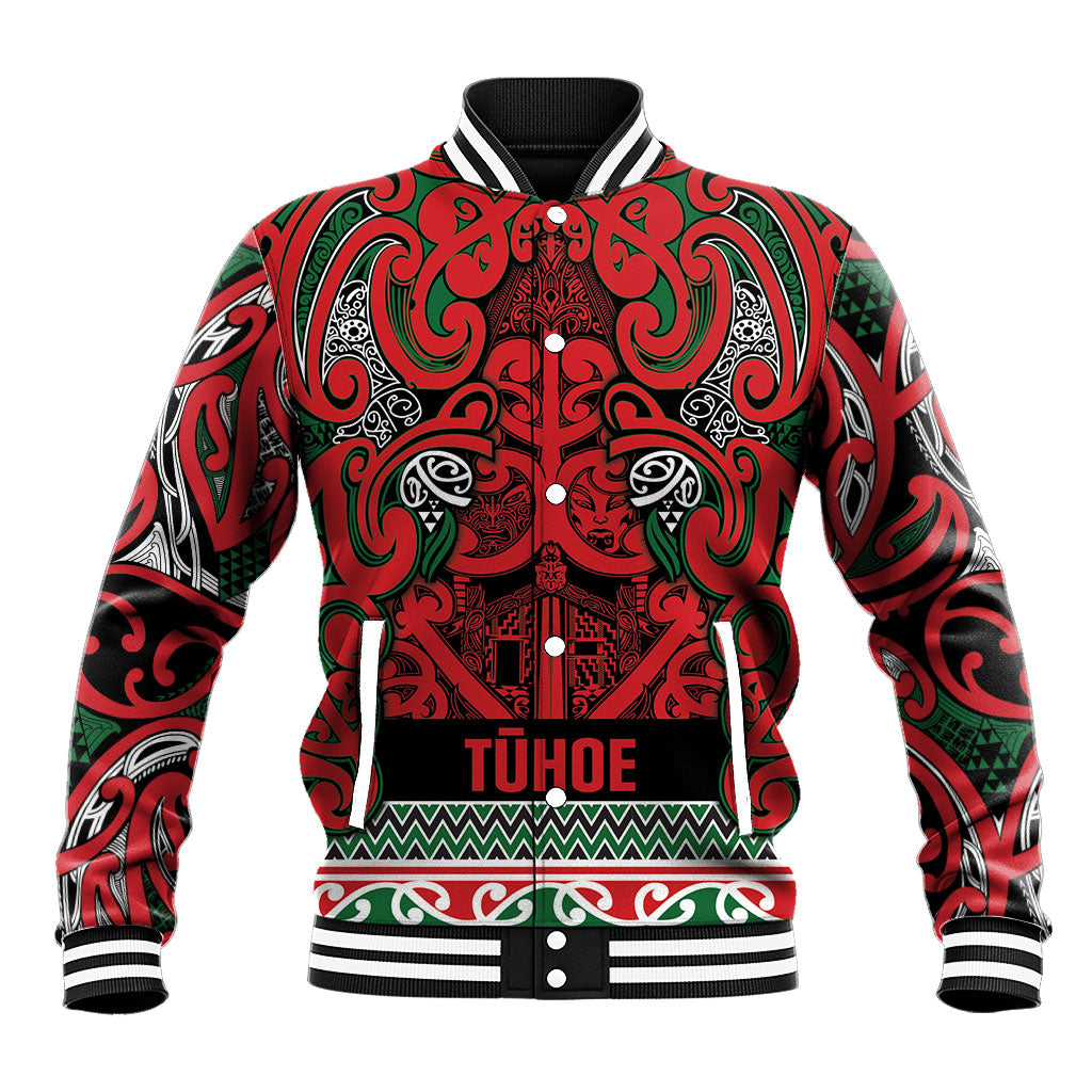 Aotearoa Iwi Tuhoe Baseball Jacket Maori Wharenui House Tribal Pattern LT9 Unisex Green Red - Polynesian Pride