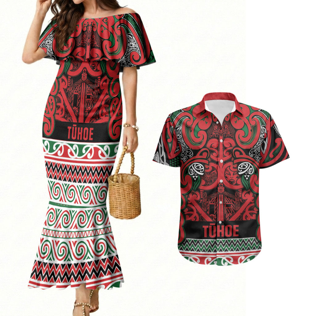 Aotearoa Iwi Tuhoe Couples Matching Mermaid Dress and Hawaiian Shirt Maori Wharenui House Tribal Pattern LT9 Green Red - Polynesian Pride