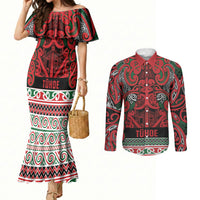 Aotearoa Iwi Tuhoe Couples Matching Mermaid Dress and Long Sleeve Button Shirt Maori Wharenui House Tribal Pattern LT9 Green Red - Polynesian Pride