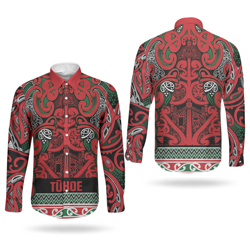 Aotearoa Iwi Tuhoe Couples Matching Off Shoulder Short Dress and Long Sleeve Button Shirt Maori Wharenui House Tribal Pattern LT9 - Polynesian Pride