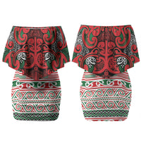 Aotearoa Iwi Tuhoe Couples Matching Off Shoulder Short Dress and Long Sleeve Button Shirt Maori Wharenui House Tribal Pattern LT9 - Polynesian Pride