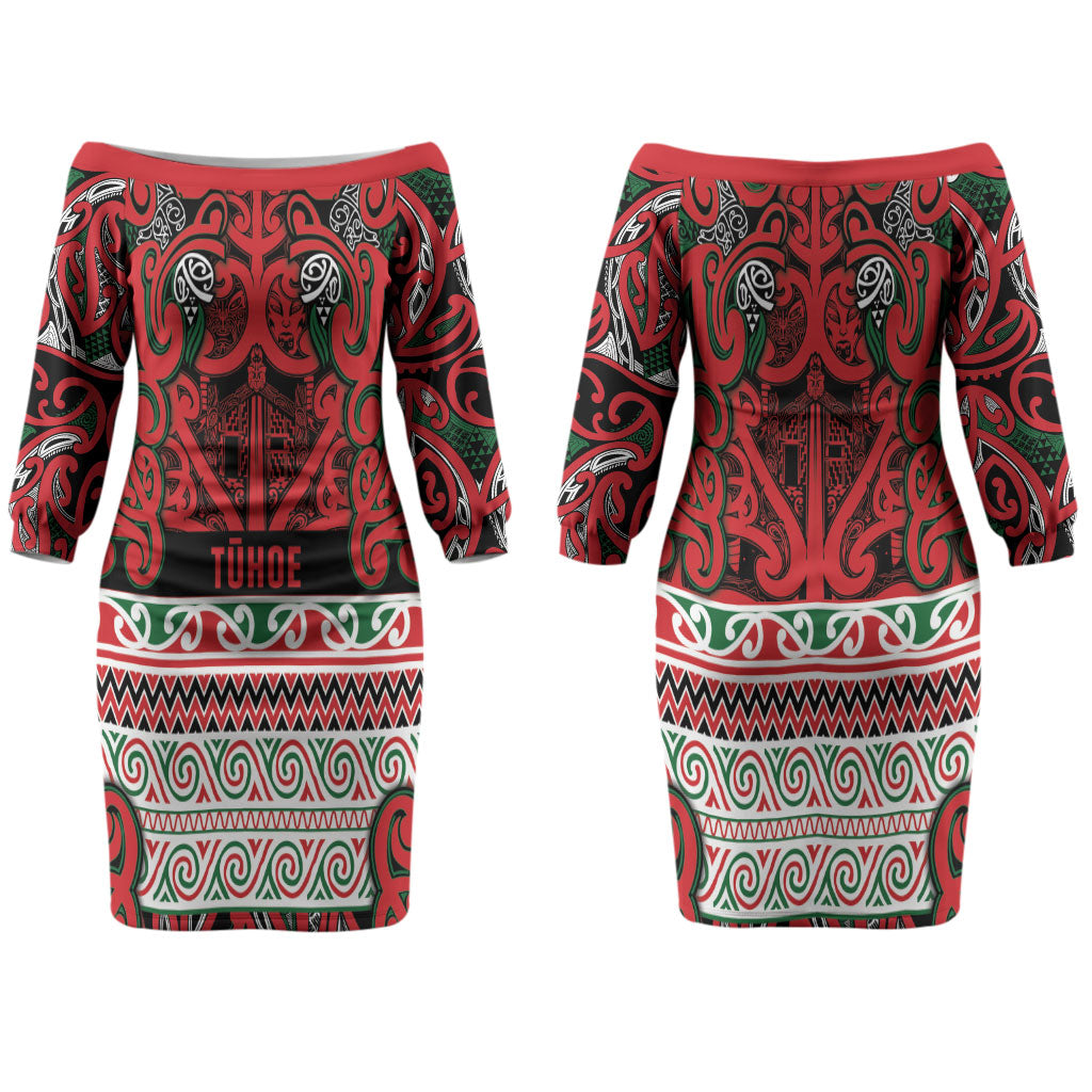 Aotearoa Iwi Tuhoe Couples Matching Off The Shoulder Long Sleeve Dress and Long Sleeve Button Shirt Maori Wharenui House Tribal Pattern LT9 - Polynesian Pride
