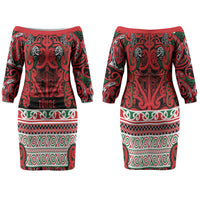 Aotearoa Iwi Tuhoe Couples Matching Off The Shoulder Long Sleeve Dress and Long Sleeve Button Shirt Maori Wharenui House Tribal Pattern LT9 - Polynesian Pride