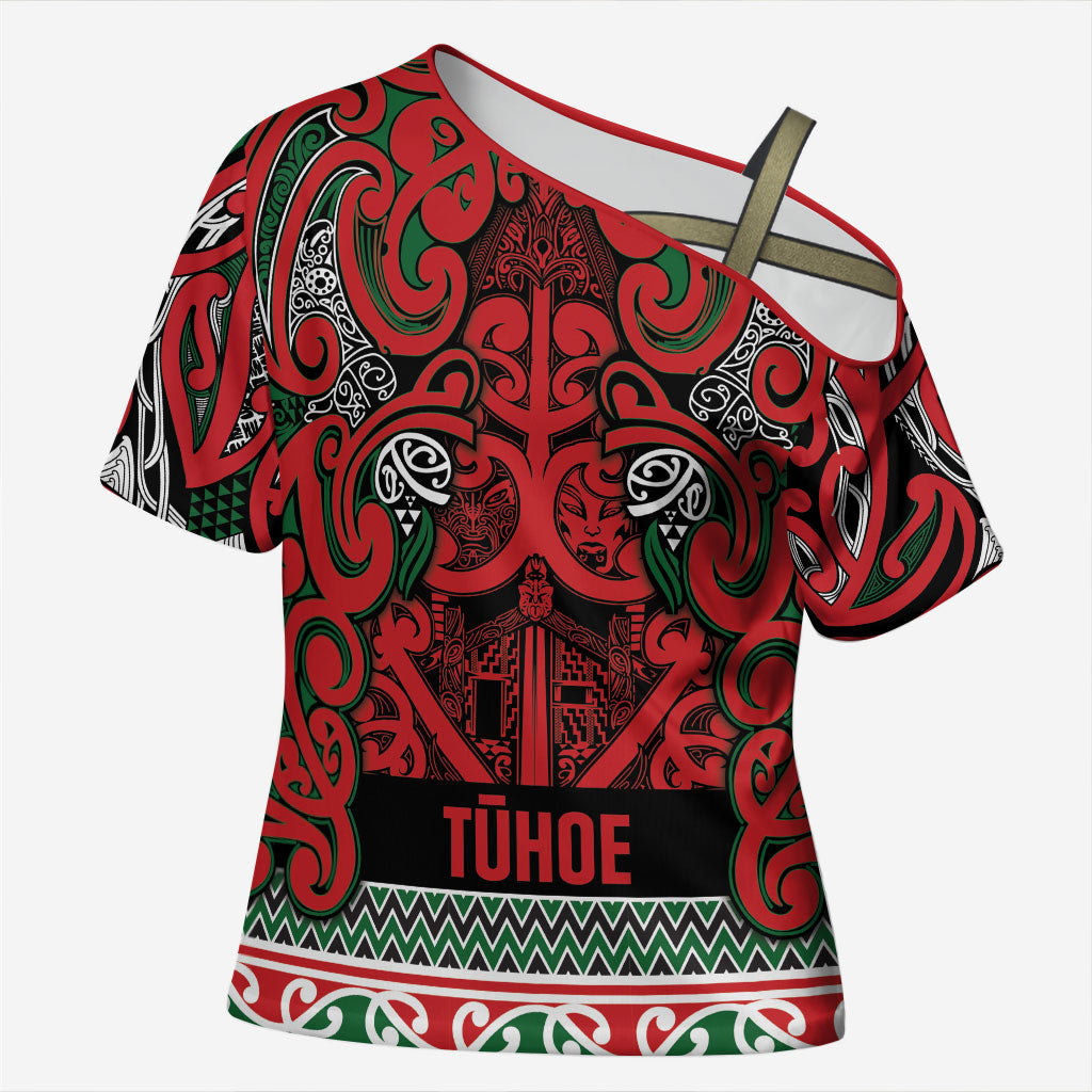 Aotearoa Iwi Tuhoe Cross Shoulder Shirt Maori Wharenui House Tribal Pattern LT9 Female Green Red - Polynesian Pride