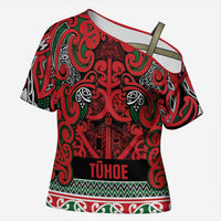 Aotearoa Iwi Tuhoe Cross Shoulder Shirt Maori Wharenui House Tribal Pattern LT9 Female Green Red - Polynesian Pride