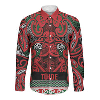 Aotearoa Iwi Tuhoe Long Sleeve Button Shirt Maori Wharenui House Tribal Pattern LT9 Unisex Green Red - Polynesian Pride