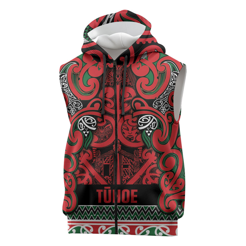 Aotearoa Iwi Tuhoe Sleeveless Zip Hoodie Maori Wharenui House Tribal Pattern LT9 Green Red - Polynesian Pride