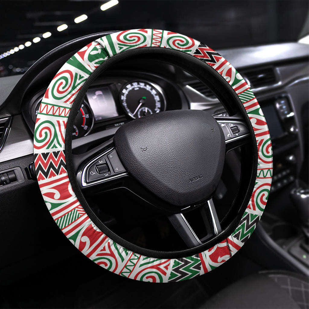 Aotearoa Iwi Tuhoe Steering Wheel Cover Maori Wharenui House Tribal Pattern LT9 Universal Fit Green Red - Polynesian Pride