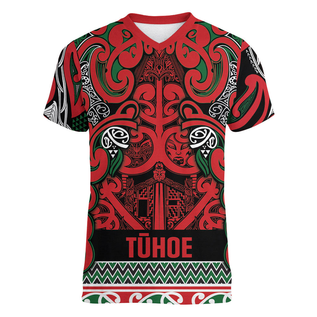 Aotearoa Iwi Tuhoe Women V-Neck T-Shirt Maori Wharenui House Tribal Pattern LT9 Female Green Red - Polynesian Pride
