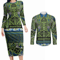 Aotearoa Iwi Whakatohea Couples Matching Long Sleeve Bodycon Dress and Long Sleeve Button Shirt Maori Wharenui House Tribal Pattern LT9 Olive green - Polynesian Pride