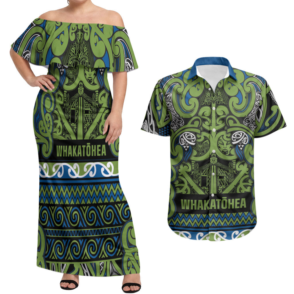 Aotearoa Iwi Whakatohea Couples Matching Off Shoulder Maxi Dress and Hawaiian Shirt Maori Wharenui House Tribal Pattern LT9 Olive green - Polynesian Pride