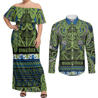 Aotearoa Iwi Whakatohea Couples Matching Off Shoulder Maxi Dress and Long Sleeve Button Shirt Maori Wharenui House Tribal Pattern LT9 Olive green - Polynesian Pride