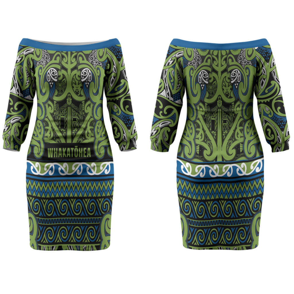 Aotearoa Iwi Whakatohea Couples Matching Off The Shoulder Long Sleeve Dress and Long Sleeve Button Shirt Maori Wharenui House Tribal Pattern LT9 - Polynesian Pride