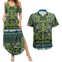 Aotearoa Iwi Whakatohea Couples Matching Summer Maxi Dress and Hawaiian Shirt Maori Wharenui House Tribal Pattern LT9 Olive green - Polynesian Pride