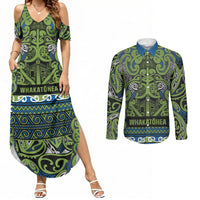 Aotearoa Iwi Whakatohea Couples Matching Summer Maxi Dress and Long Sleeve Button Shirt Maori Wharenui House Tribal Pattern LT9 Olive green - Polynesian Pride