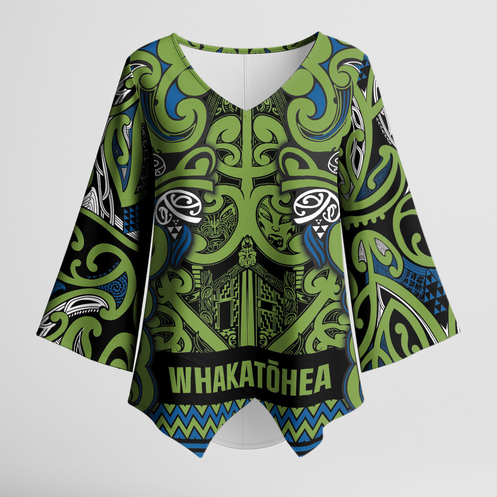 Aotearoa Iwi Whakatohea Kimono Sleeve Blouse Maori Wharenui House Tribal Pattern LT9 Female Olive green - Polynesian Pride